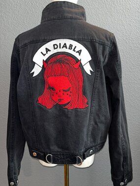 Valfré La Diabla Distressed Denim Jacket Washed Black Red Patch M